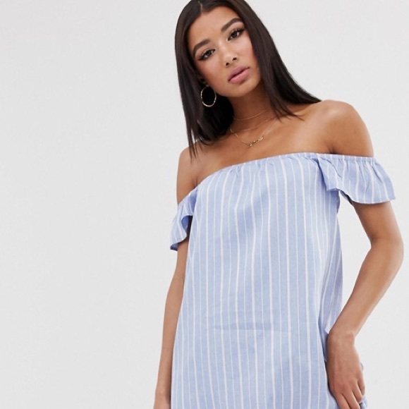 Missguided bardot mini dress in blue stripe - Picture 1 of 5